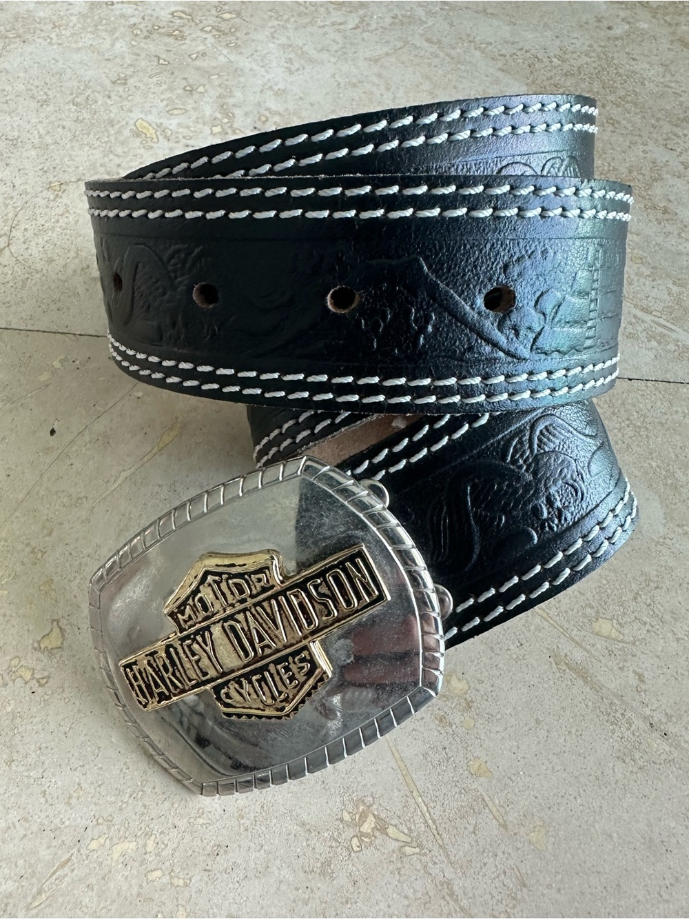 Vintage Harley-Davidson Black Leather Belt with Two-Tone Logo Buckle